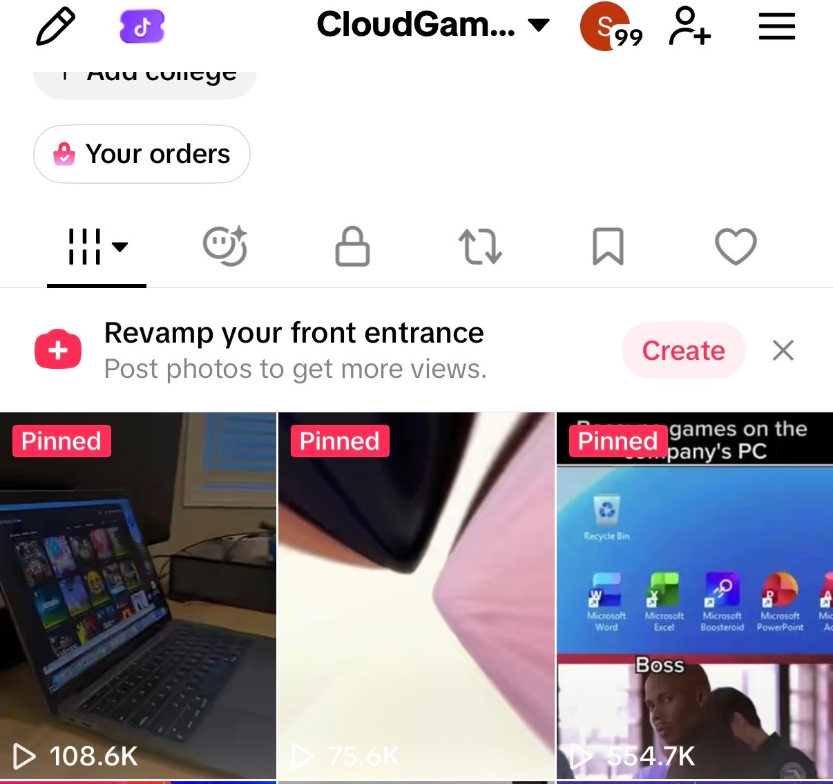 Boosteroid TikTok profile showing pinned short-form videos with 108.6K, 75.6K and 554.7K views